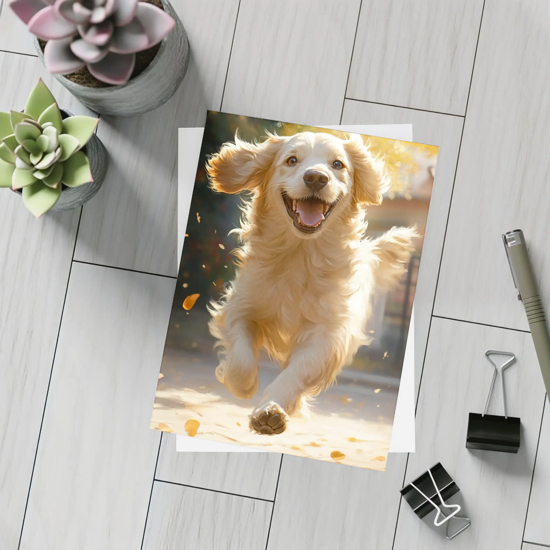 Golden Retriever Running Outdoors Autumn Leaves – Postcards