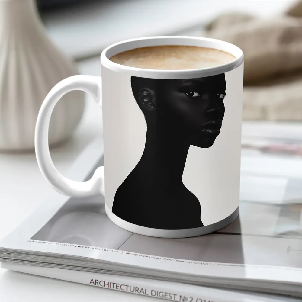 Black Woman Portrait Minimalist White Background – Mugs