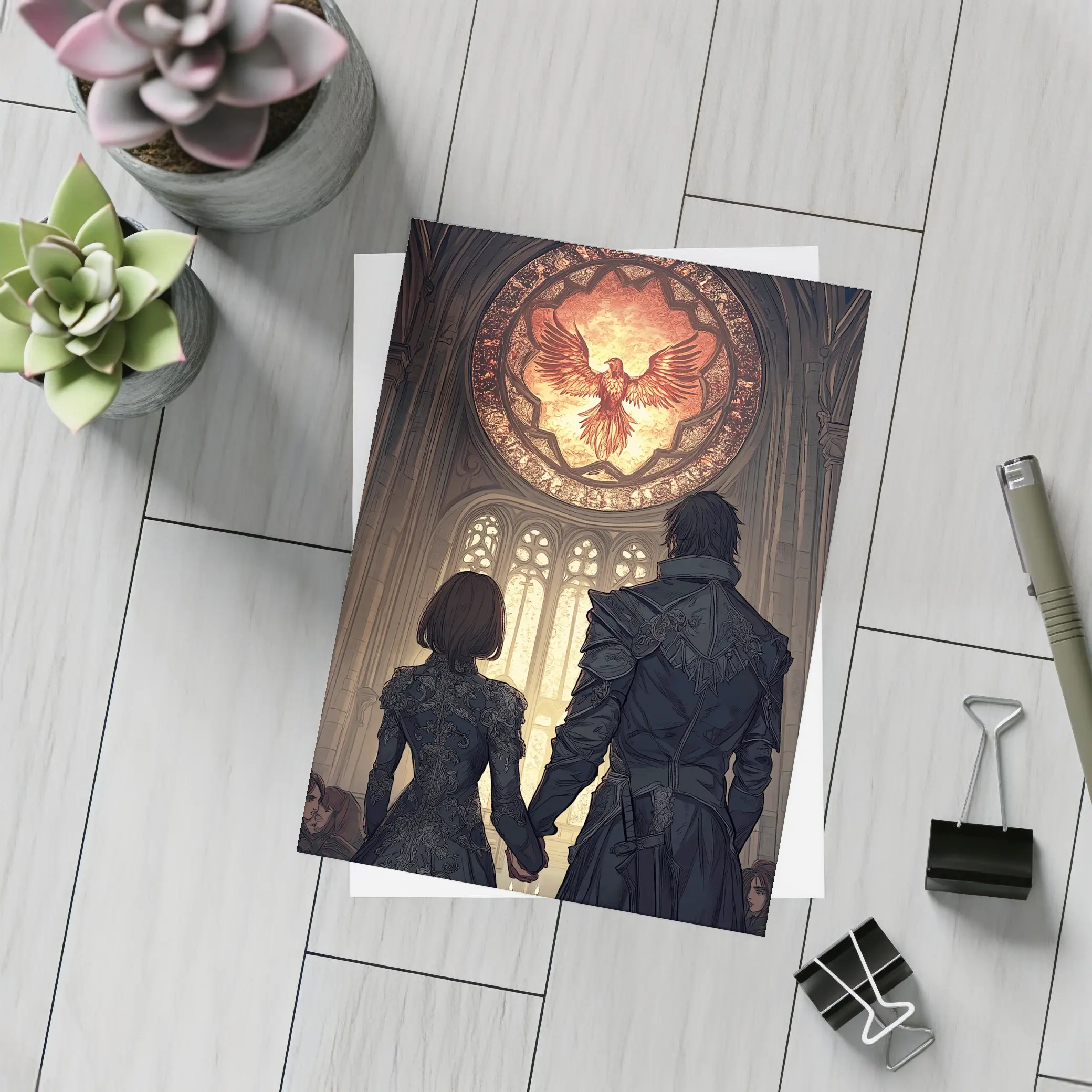 Anime Couple Cathedral Phoenix Stained Glass – Postcards