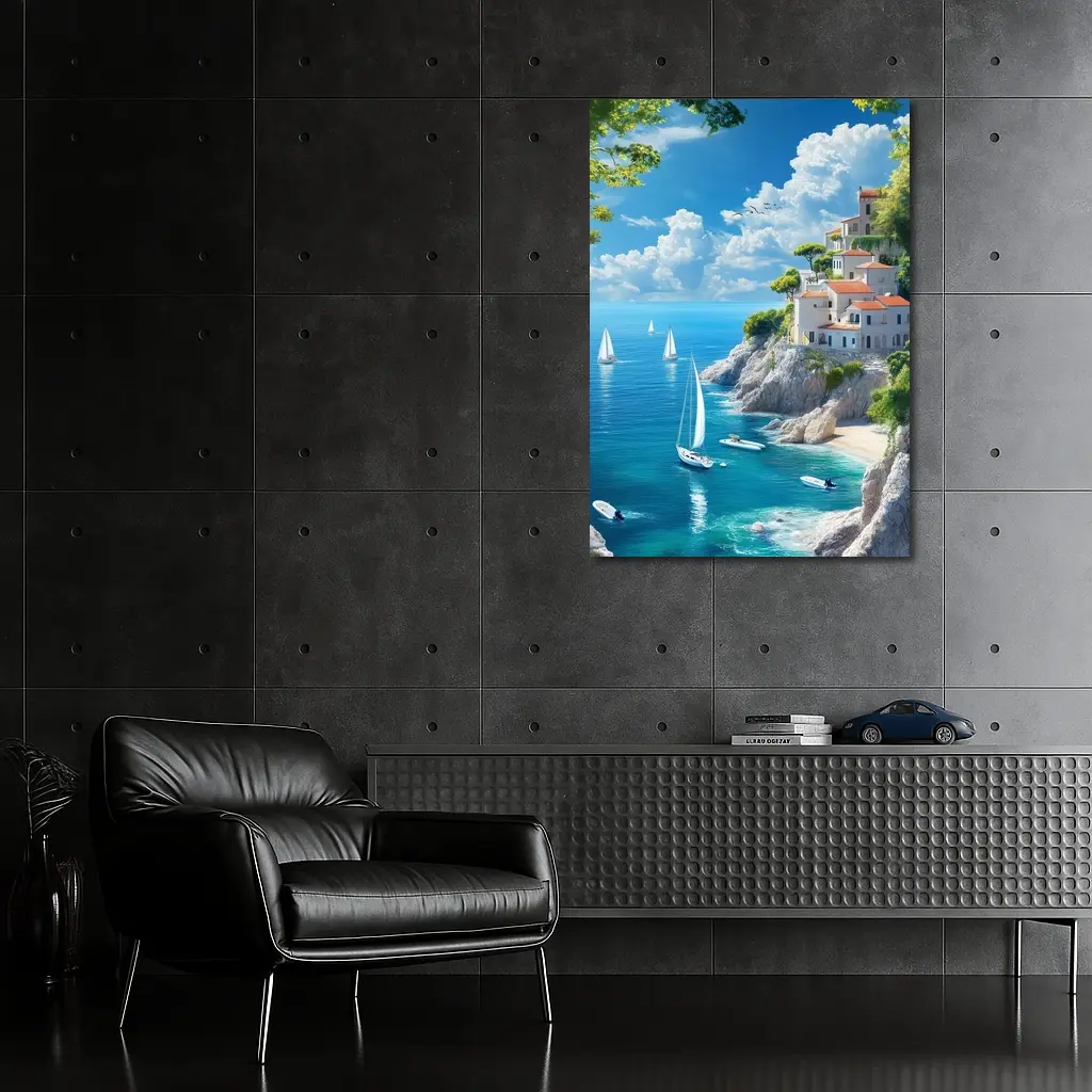 Mediterranean Coastal Cliffs Sailboats Blue Sea – Wall Art