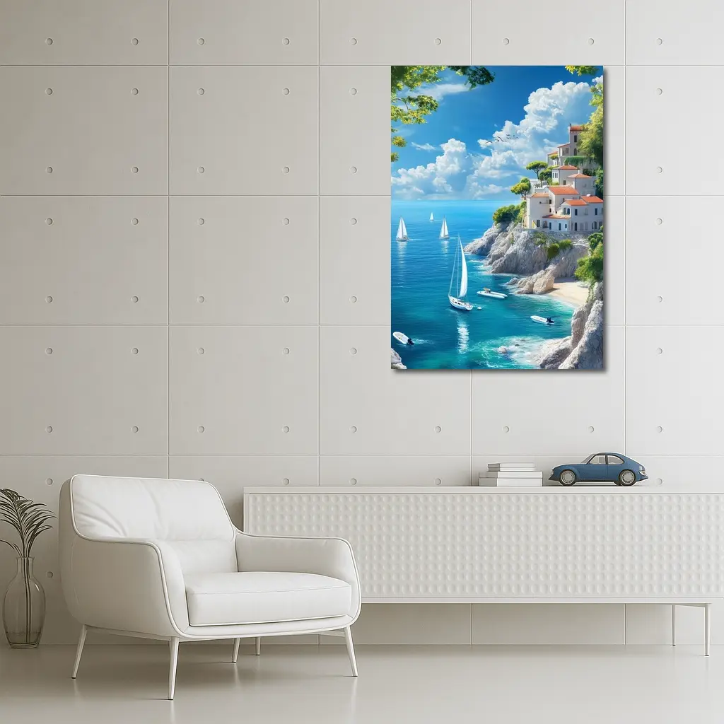 Mediterranean Coastal Cliffs Sailboats Blue Sea – Wall Art