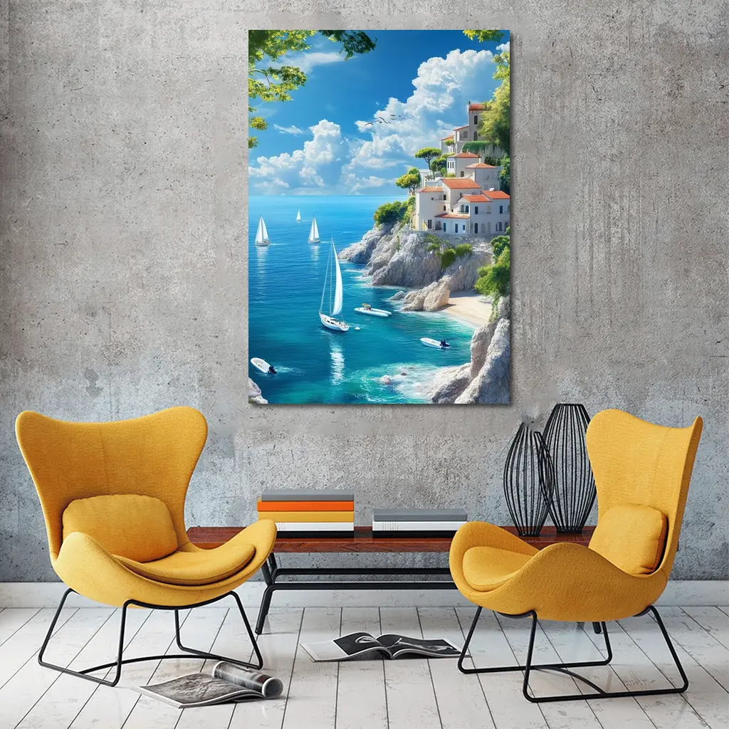 Mediterranean Coastal Cliffs Sailboats Blue Sea – Wall Art