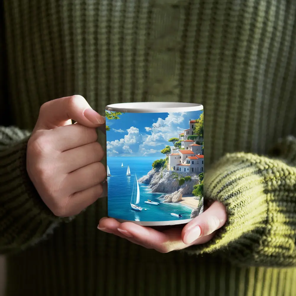 Mediterranean Coastal Cliffs Sailboats Blue Sea – Mugs