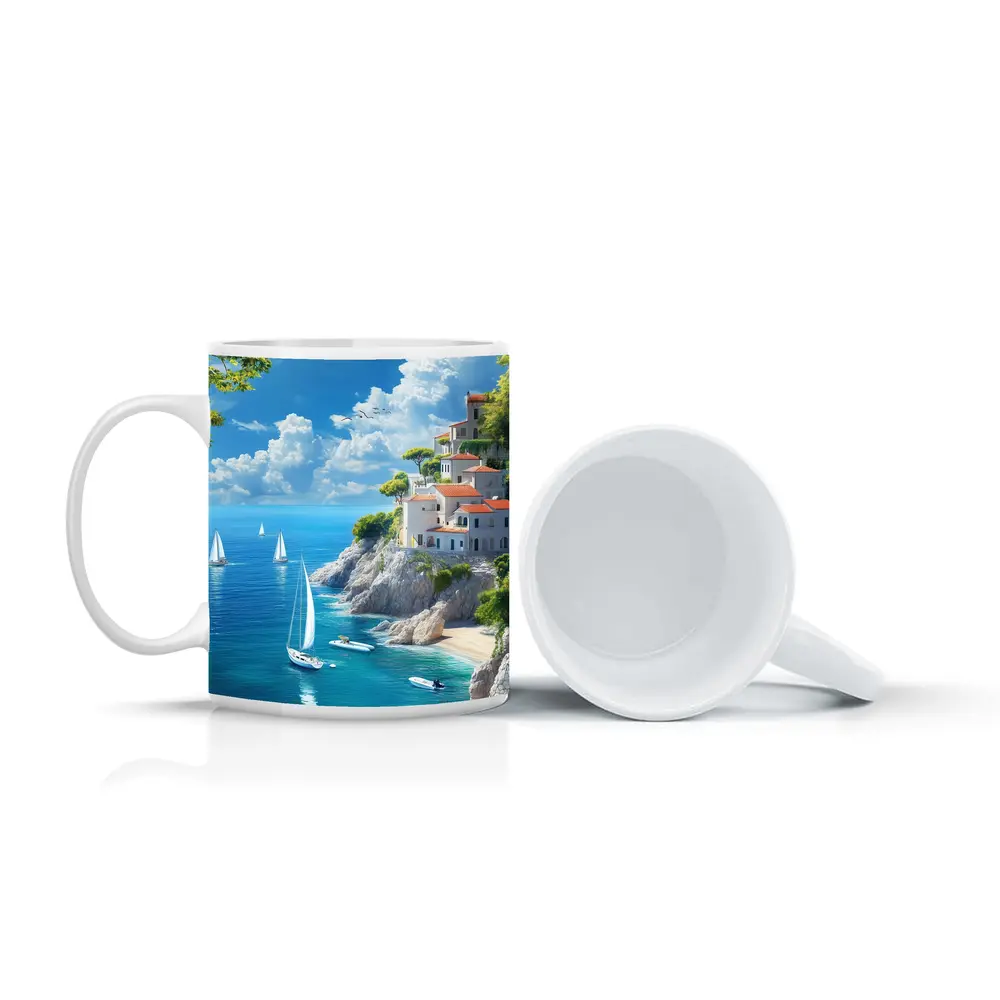 Mediterranean Coastal Cliffs Sailboats Blue Sea – Mugs