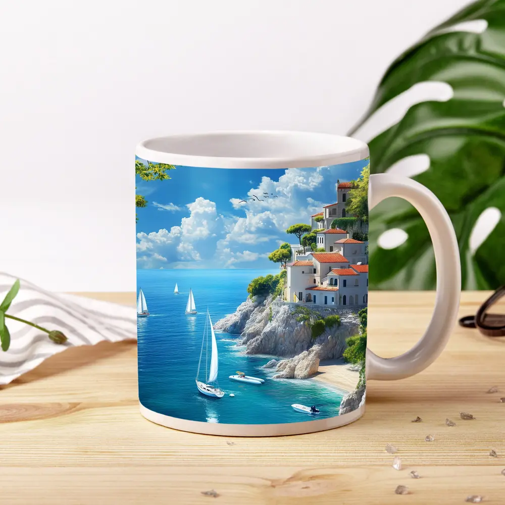Mediterranean Coastal Cliffs Sailboats Blue Sea – Mugs
