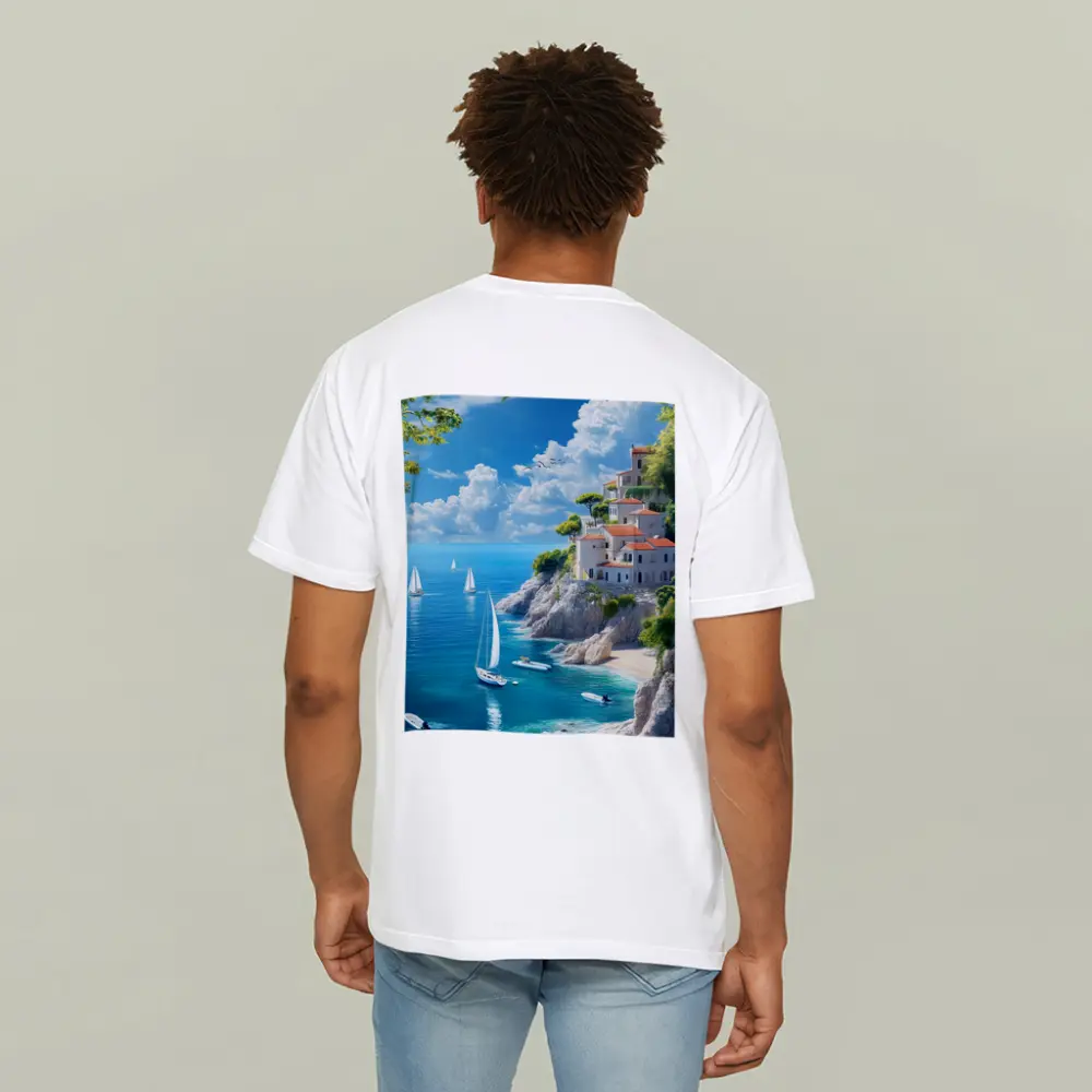 Mediterranean Coastal Cliffs Sailboats Blue Sea – T-Shirts