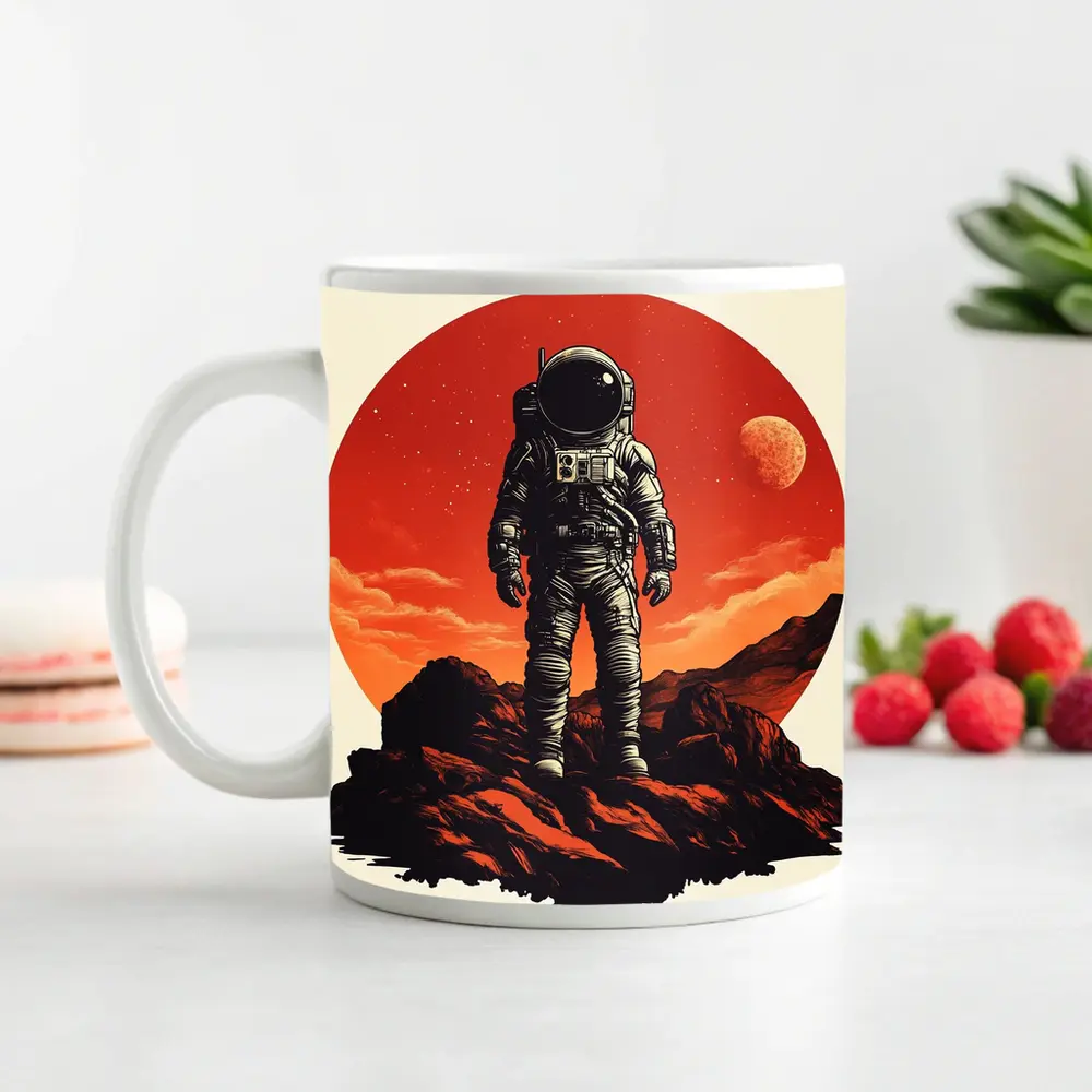 Astronaut Standing On Rocky Mars Surface – Mugs