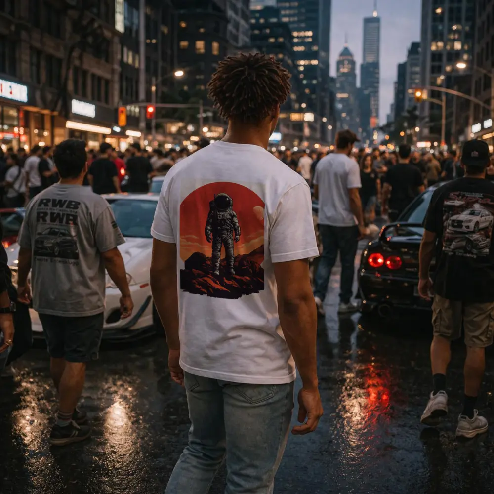 Astronaut Standing On Rocky Mars Surface – T-Shirts