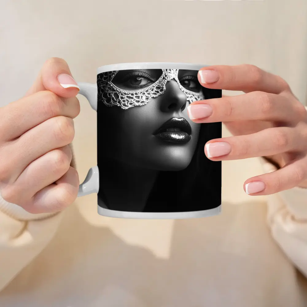 Woman Lace Masquerade Mask Black White – Mugs