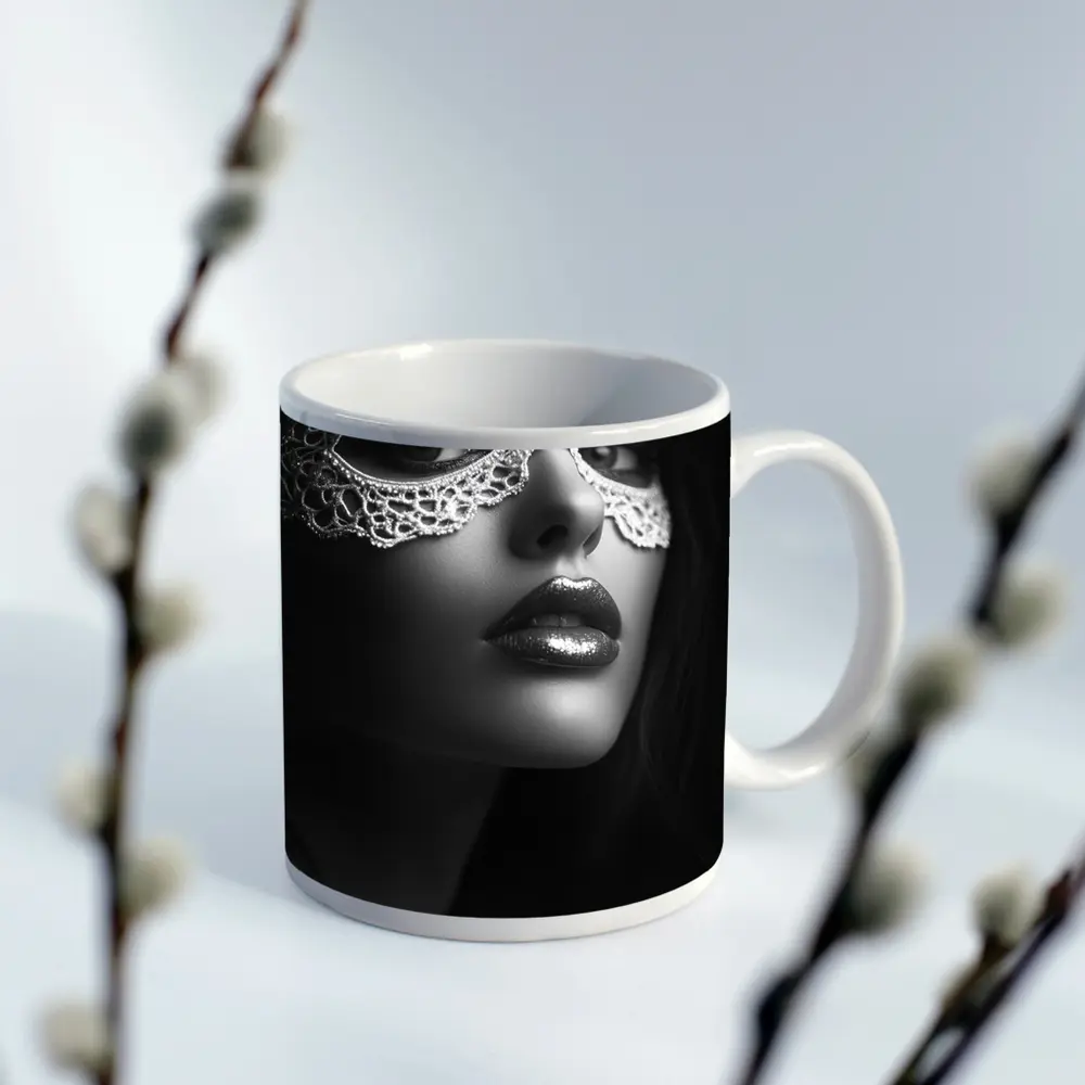 Woman Lace Masquerade Mask Black White – Mugs
