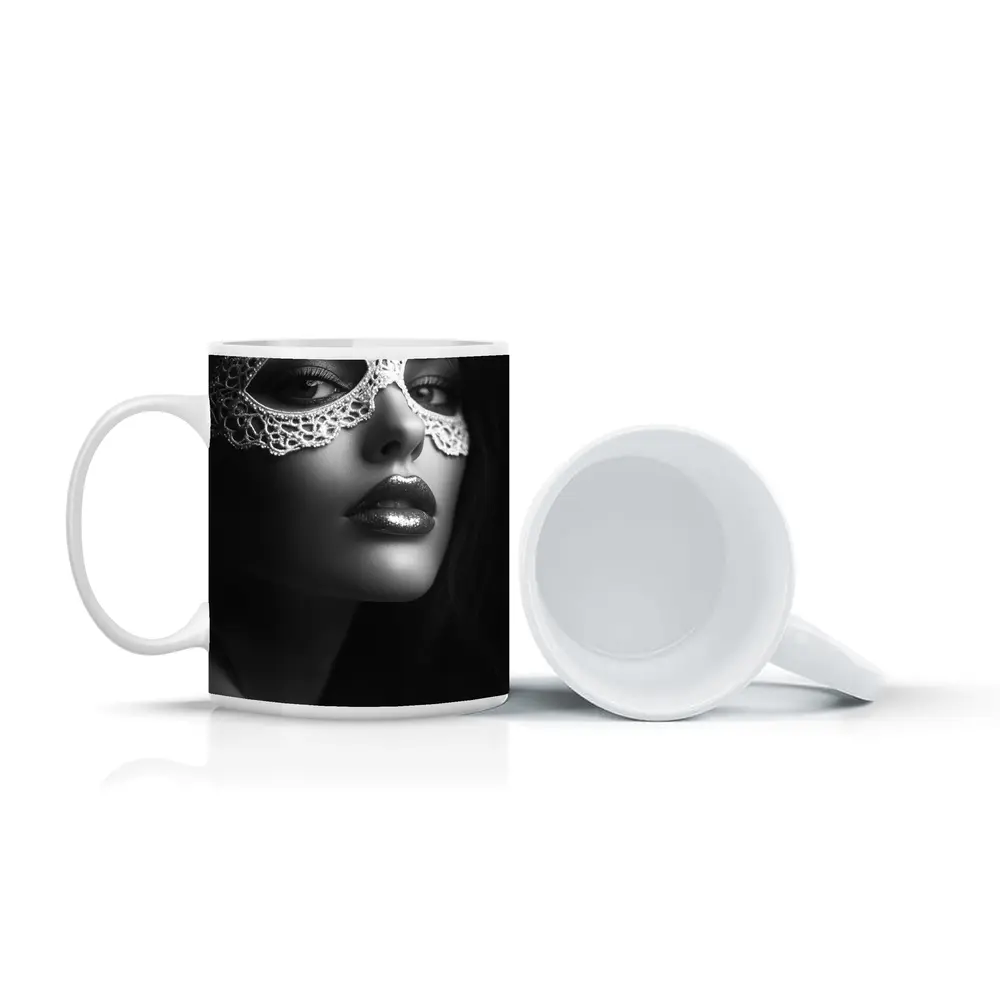 Woman Lace Masquerade Mask Black White – Mugs
