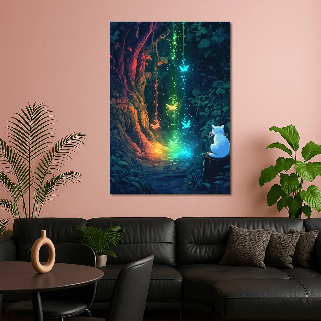 White Cat Watching Glowing Forest Fantasy Art – Wall Art