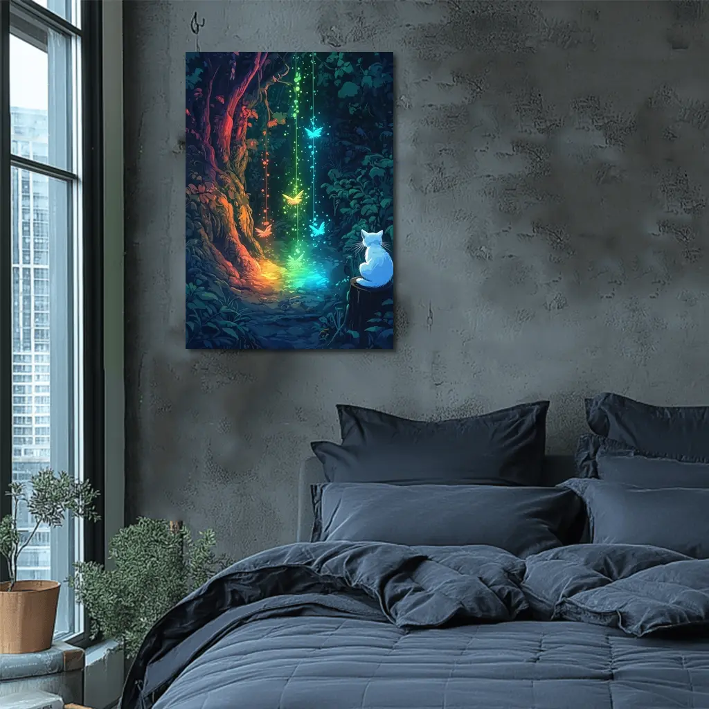 White Cat Watching Glowing Forest Fantasy Art – Wall Art