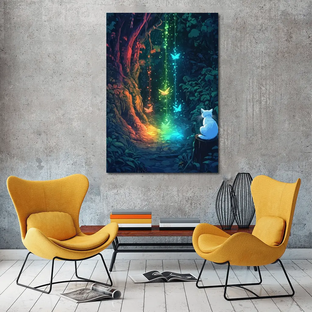 White Cat Watching Glowing Forest Fantasy Art – Wall Art