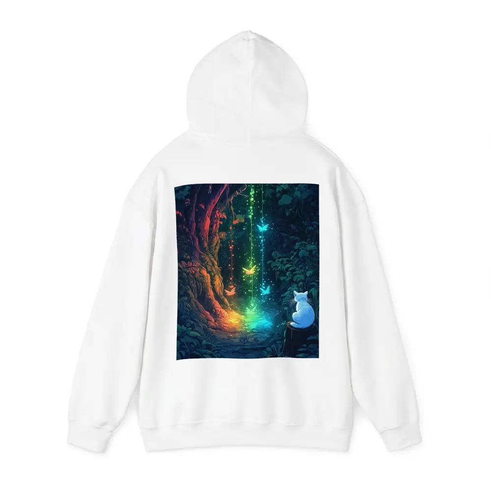 White Cat Watching Glowing Forest Fantasy Art – Hoodies