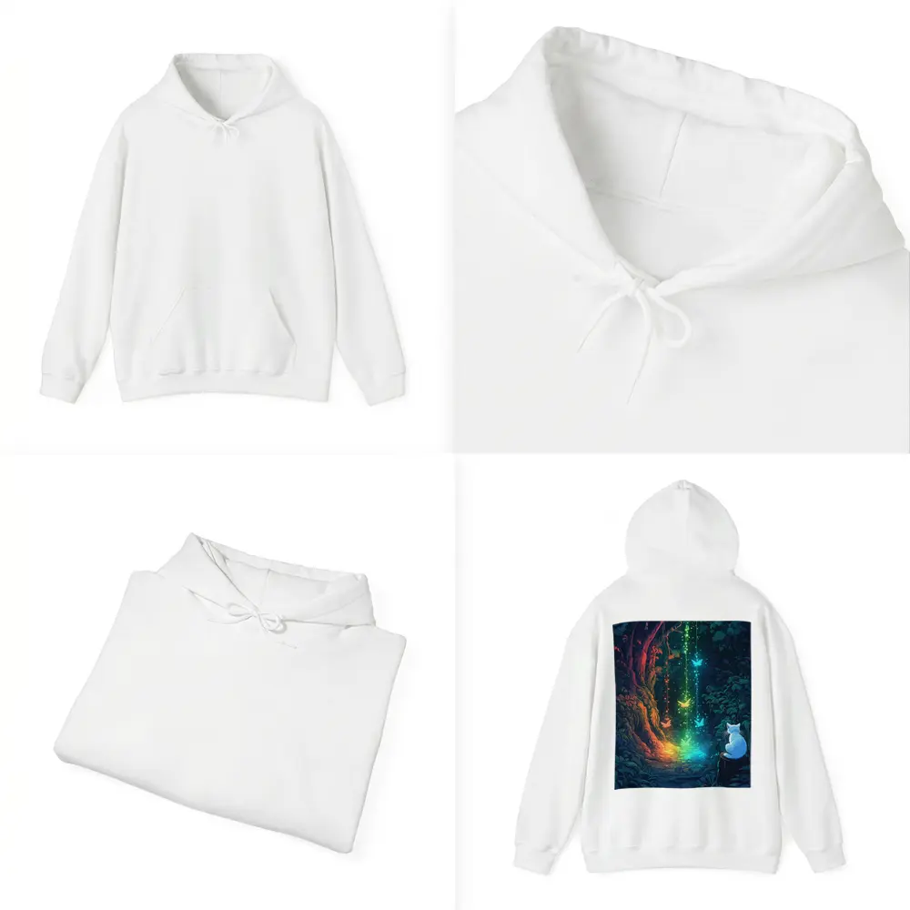 White Cat Watching Glowing Forest Fantasy Art – Hoodies