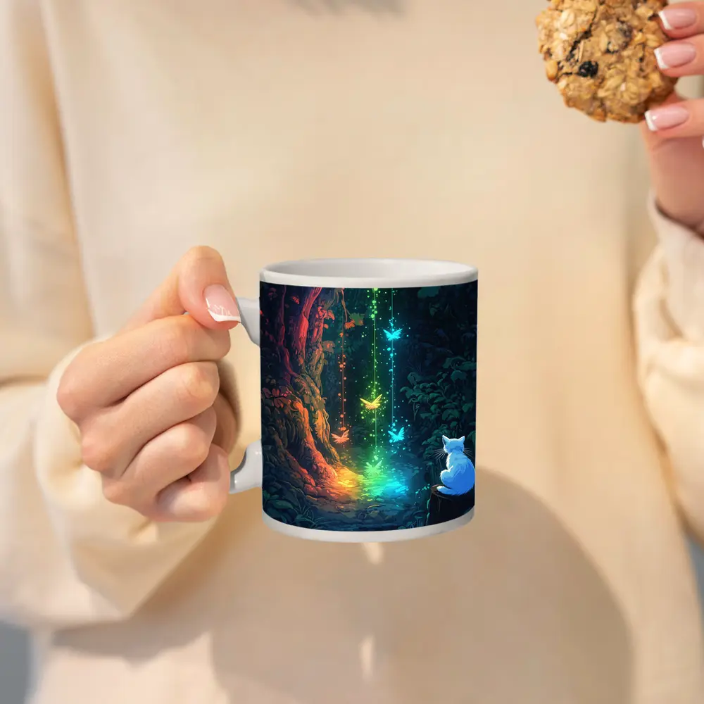 White Cat Watching Glowing Forest Fantasy Art – Mugs
