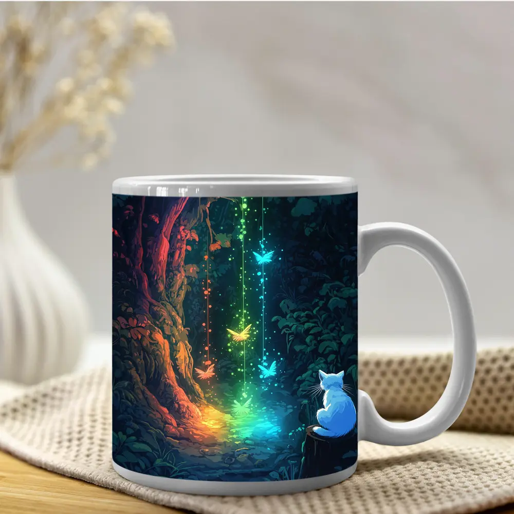 White Cat Watching Glowing Forest Fantasy Art – Mugs