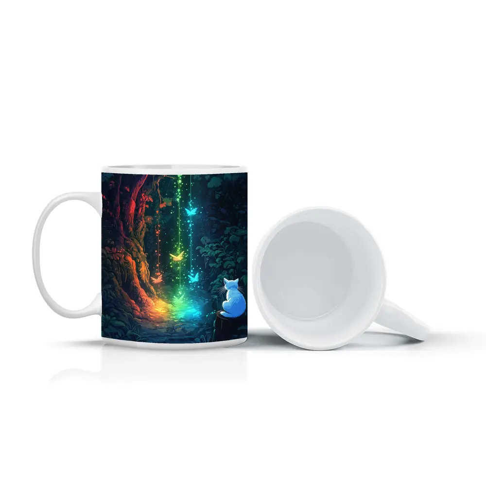 White Cat Watching Glowing Forest Fantasy Art – Mugs
