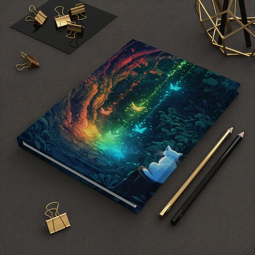 White Cat Watching Glowing Forest Fantasy Art – Notebooks