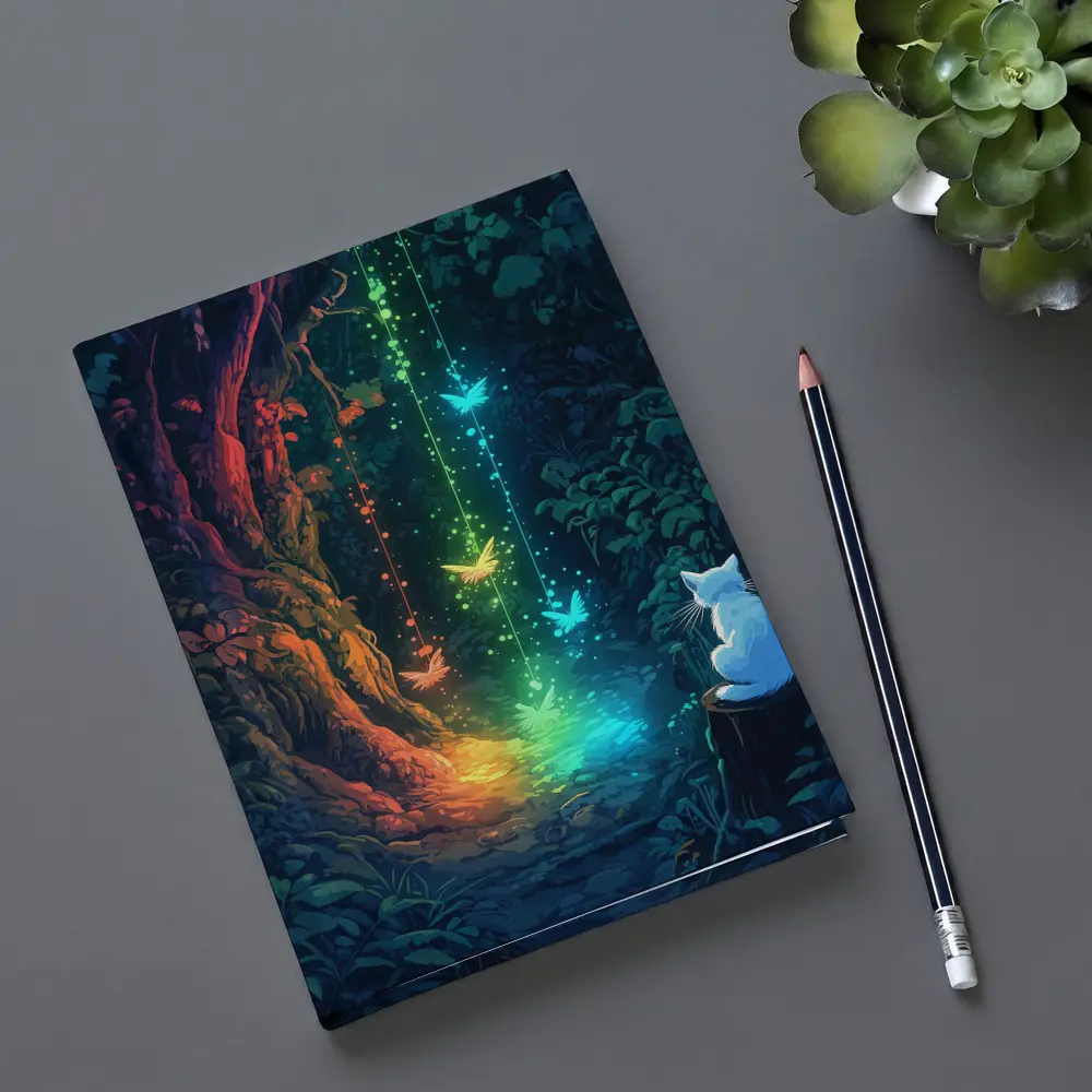 White Cat Watching Glowing Forest Fantasy Art – Notebooks