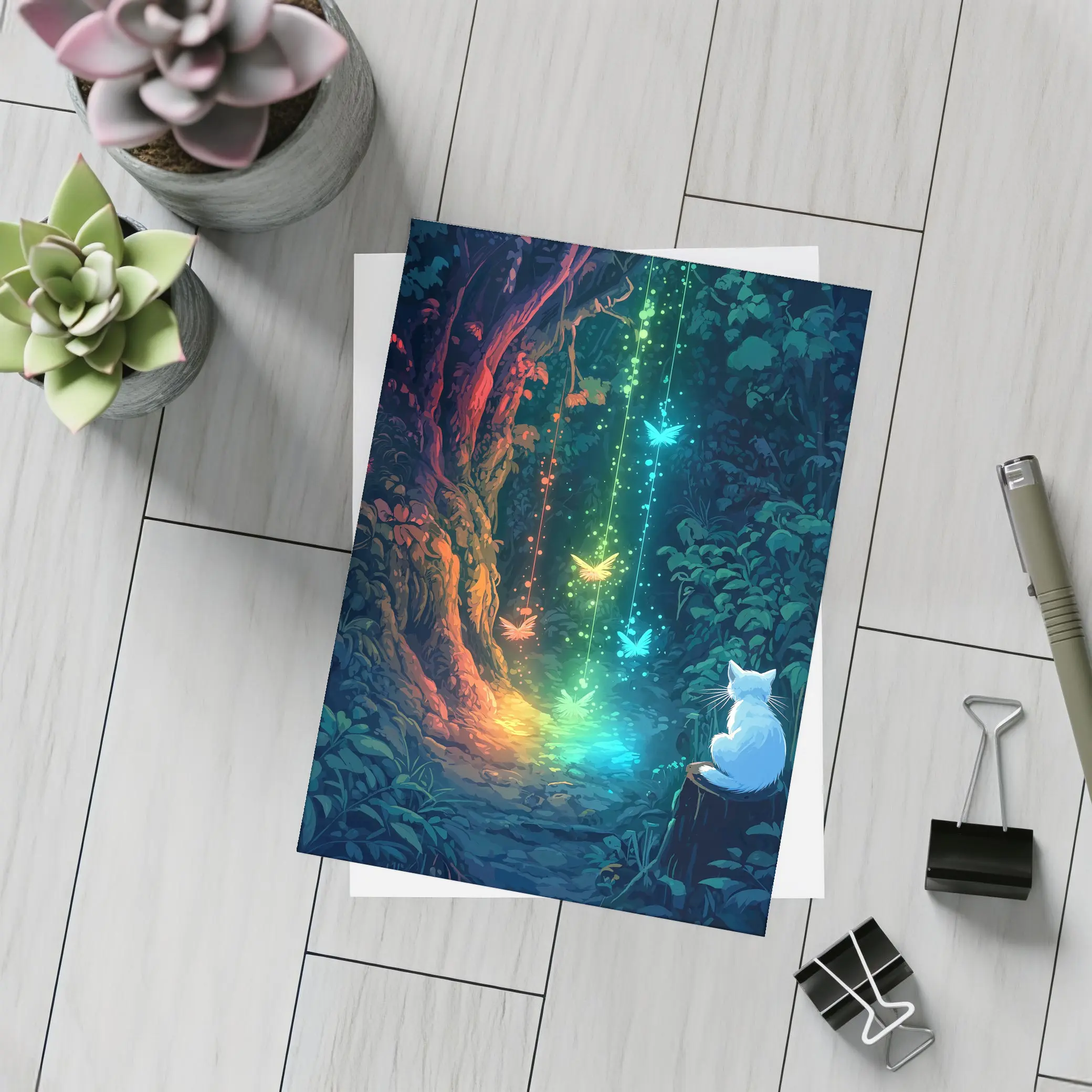 White Cat Watching Glowing Forest Fantasy Art – Postcards