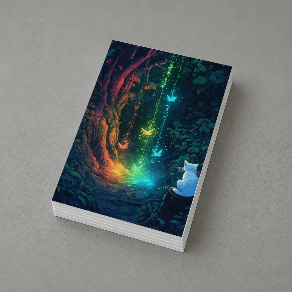 White Cat Watching Glowing Forest Fantasy Art – Postcards
