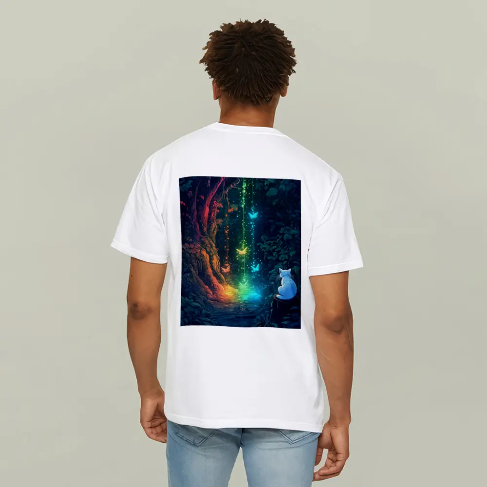 White Cat Watching Glowing Forest Fantasy Art – T-Shirts