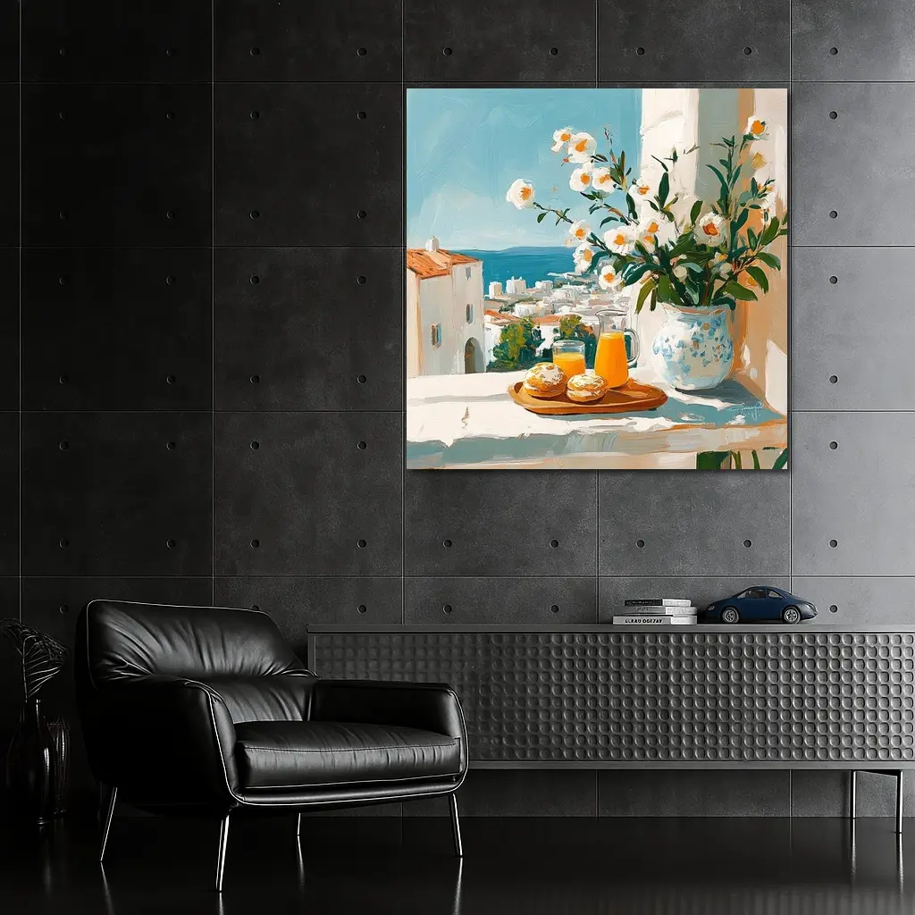 Mediterranean Breakfast Table White Flowers Ocean View – Wall Art