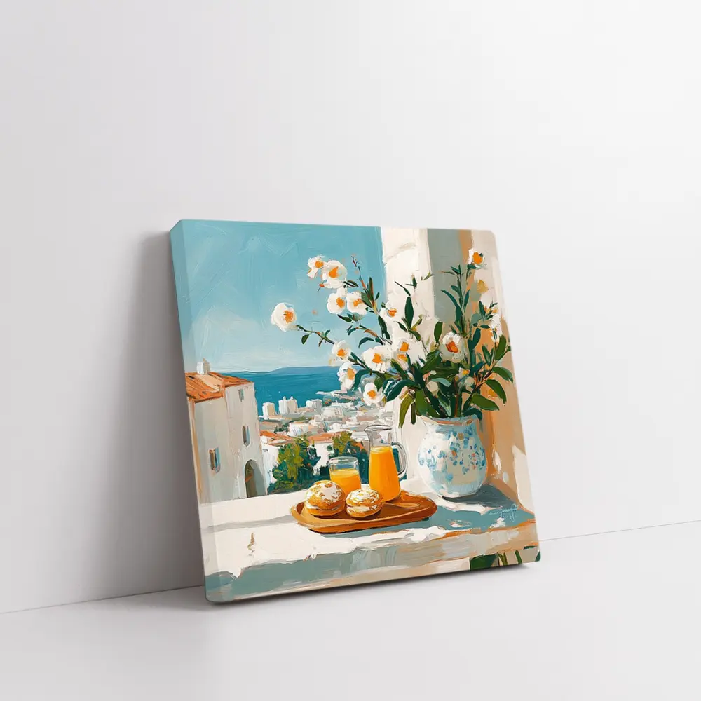 Mediterranean Breakfast Table White Flowers Ocean View – Wall Art