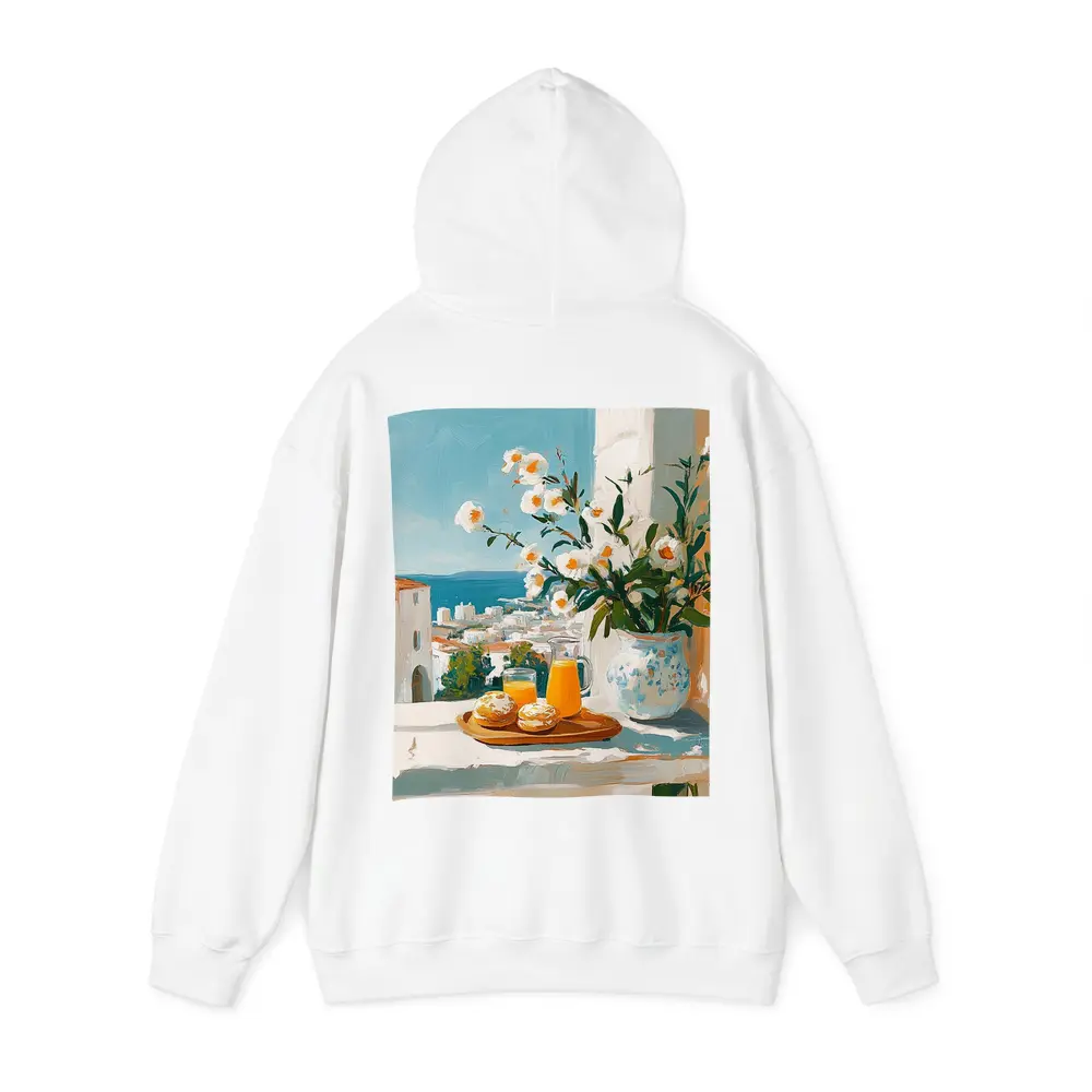Mediterranean Breakfast Table White Flowers Ocean View – Hoodies