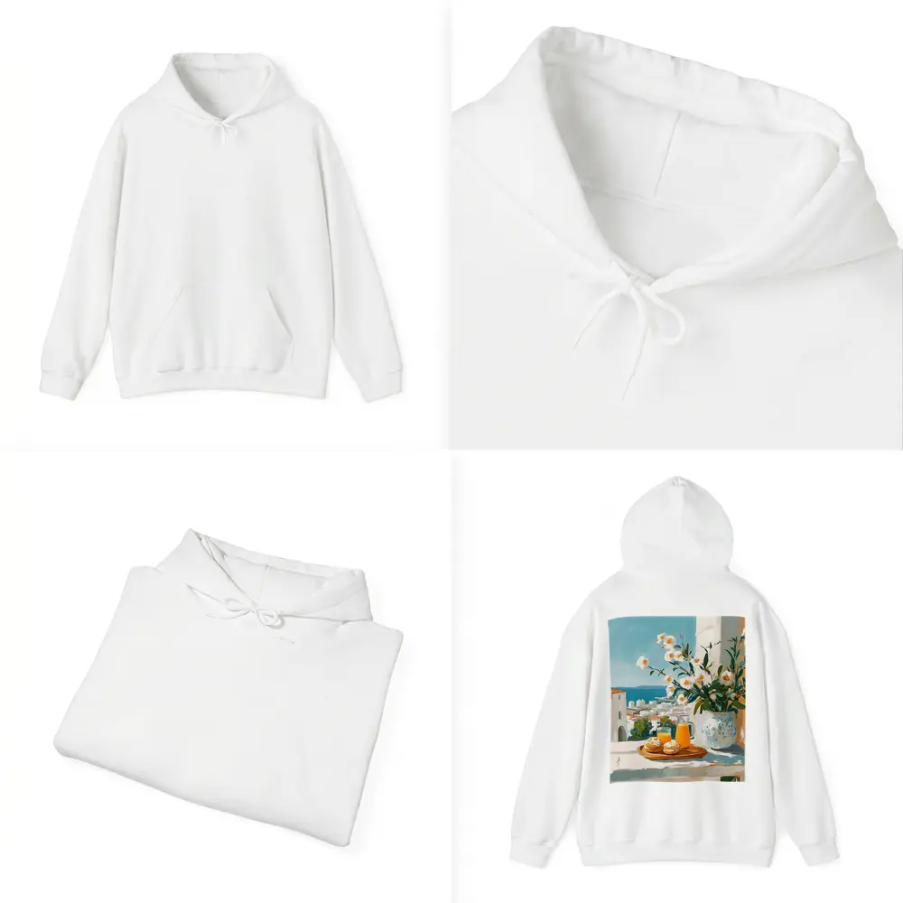 Mediterranean Breakfast Table White Flowers Ocean View – Hoodies