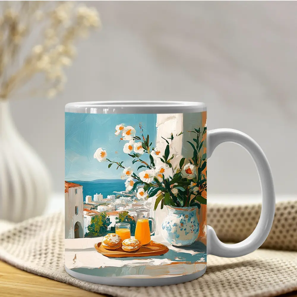 Mediterranean Breakfast Table White Flowers Ocean View – Mugs