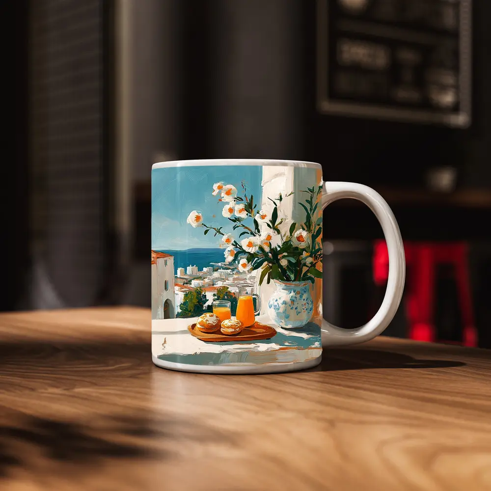 Mediterranean Breakfast Table White Flowers Ocean View – Mugs