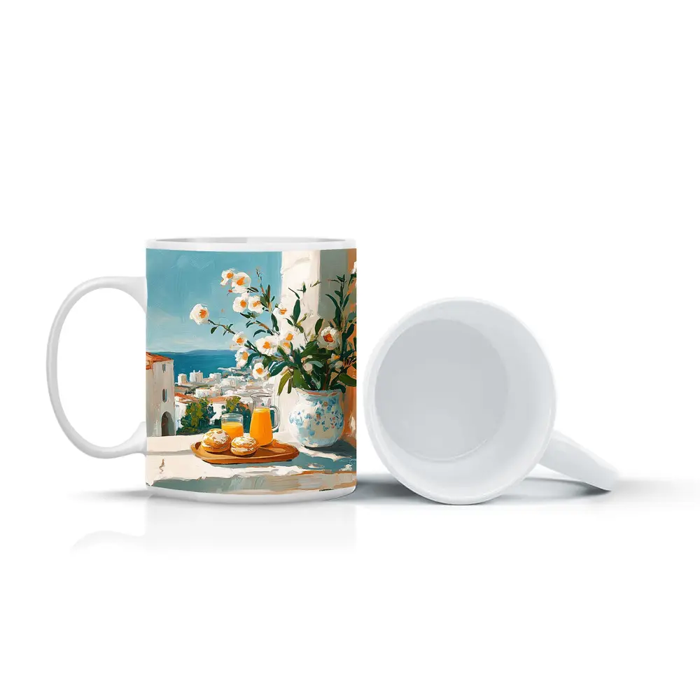 Mediterranean Breakfast Table White Flowers Ocean View – Mugs