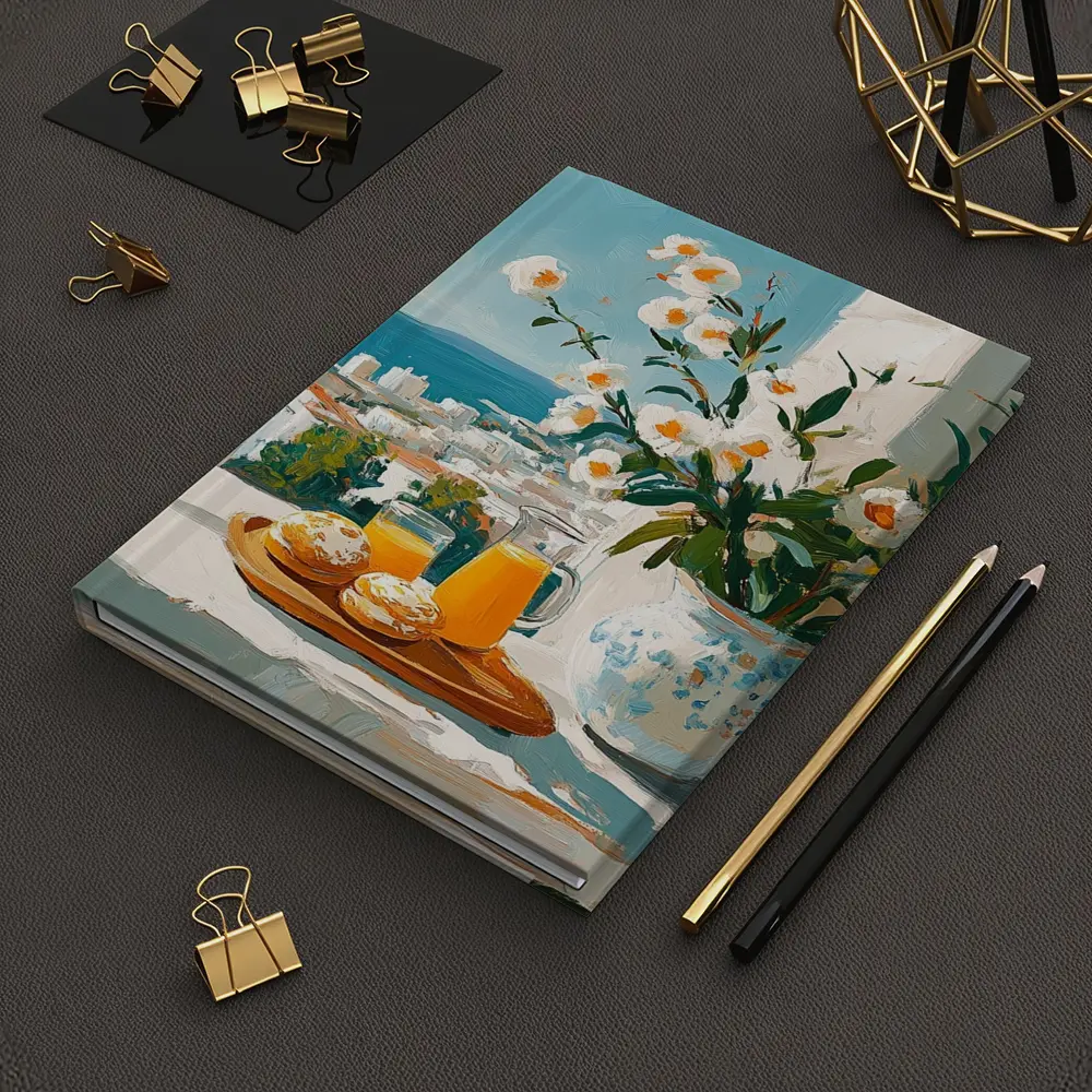 Mediterranean Breakfast Table White Flowers Ocean View – Notebooks