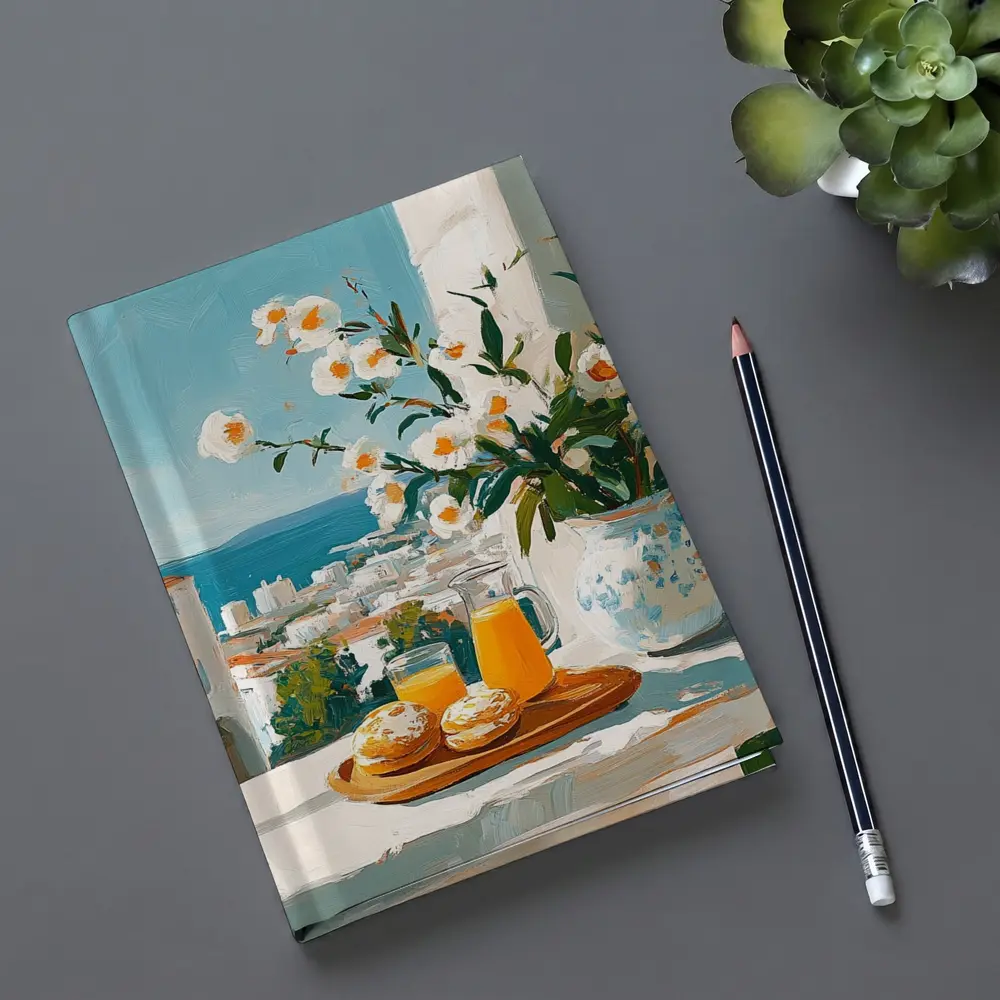 Mediterranean Breakfast Table White Flowers Ocean View – Notebooks