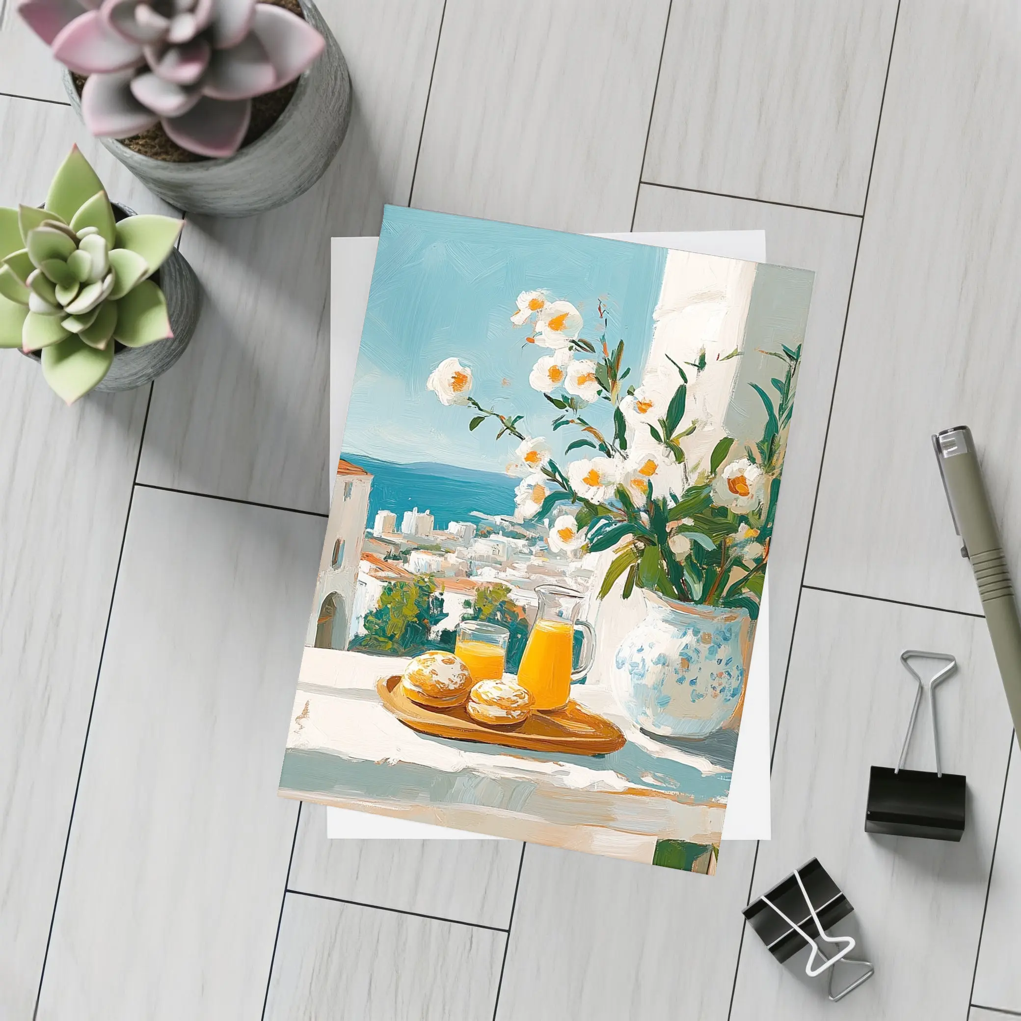 Mediterranean Breakfast Table White Flowers Ocean View – Postcards