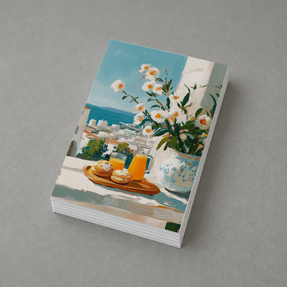 Mediterranean Breakfast Table White Flowers Ocean View – Postcards