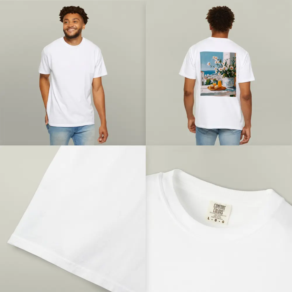 Mediterranean Breakfast Table White Flowers Ocean View – T-Shirts