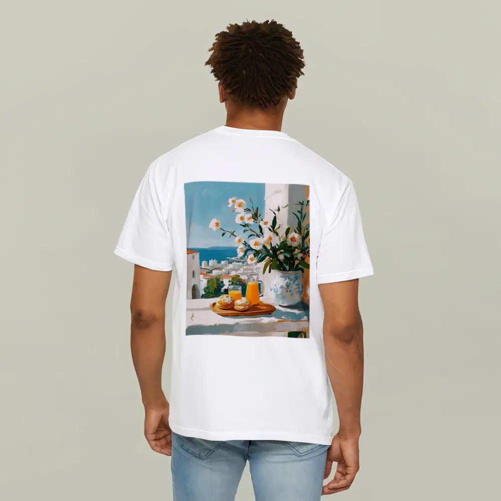 Mediterranean Breakfast Table White Flowers Ocean View – T-Shirts