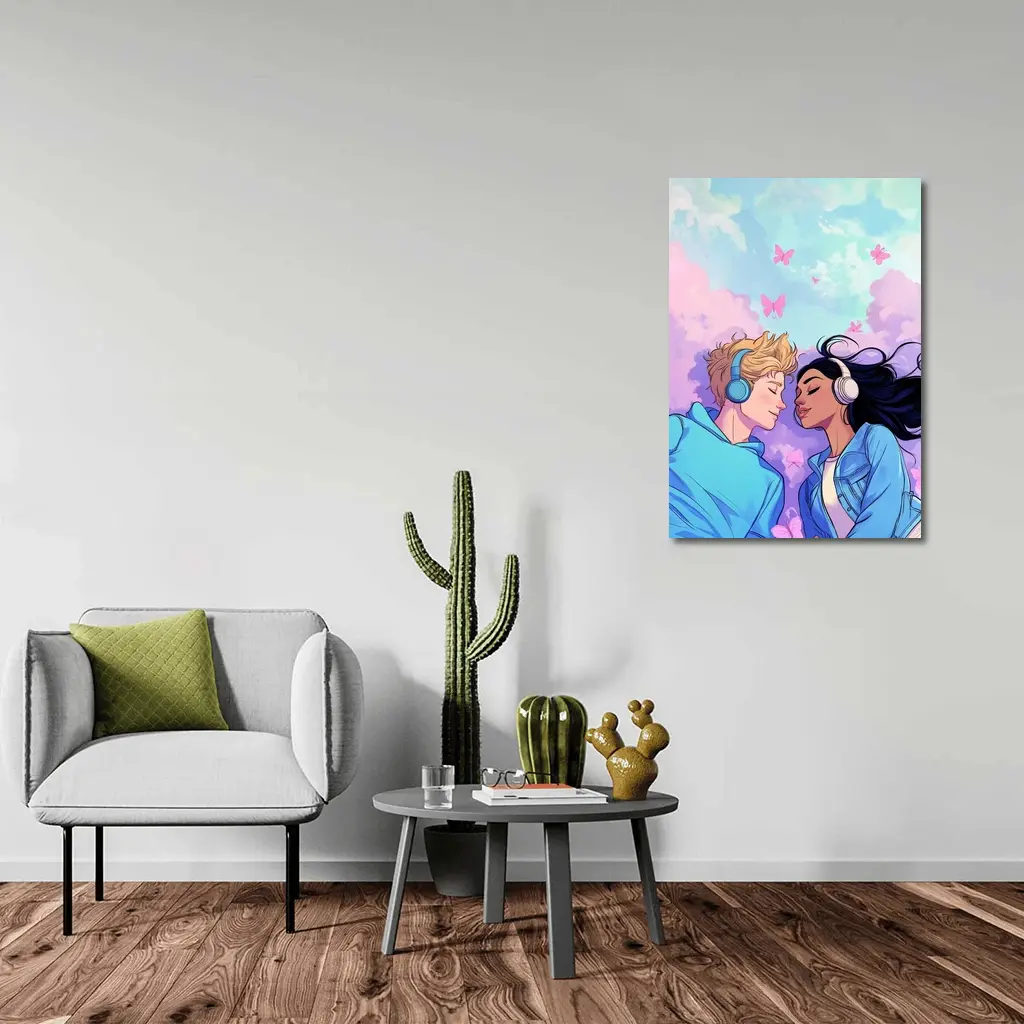 Anime Couple Headphones Pastel Sky Butterflies – Wall Art