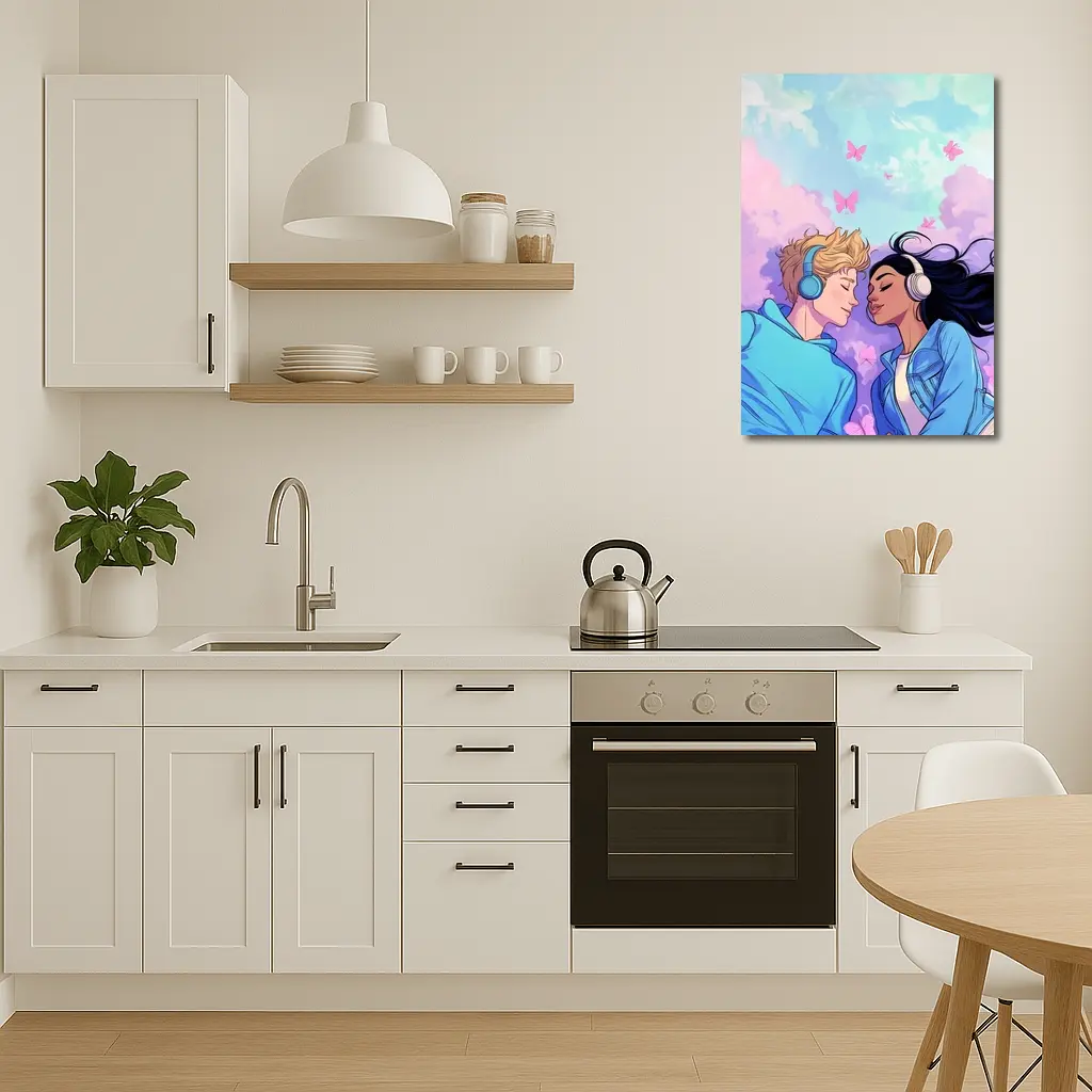 Anime Couple Headphones Pastel Sky Butterflies – Wall Art
