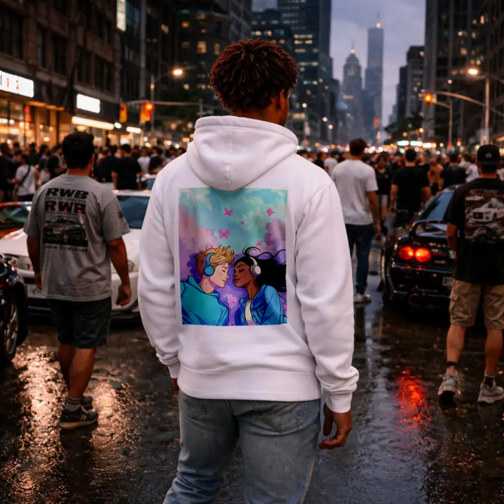 Anime Couple Headphones Pastel Sky Butterflies – Hoodies