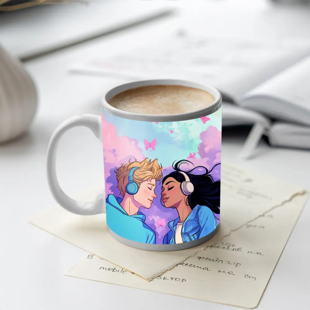 Anime Couple Headphones Pastel Sky Butterflies – Mugs