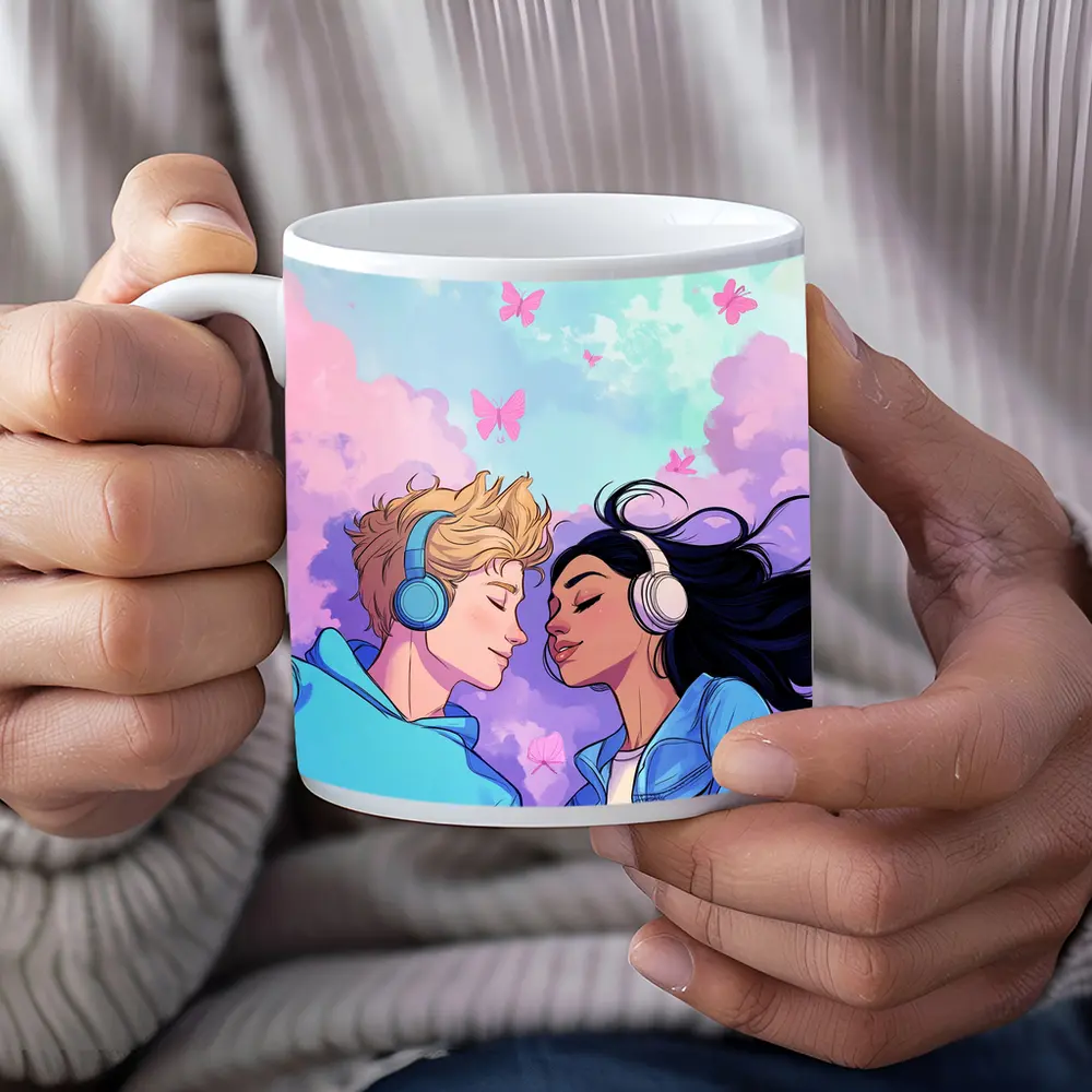 Anime Couple Headphones Pastel Sky Butterflies – Mugs