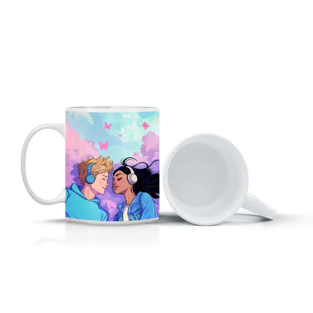 Anime Couple Headphones Pastel Sky Butterflies – Mugs
