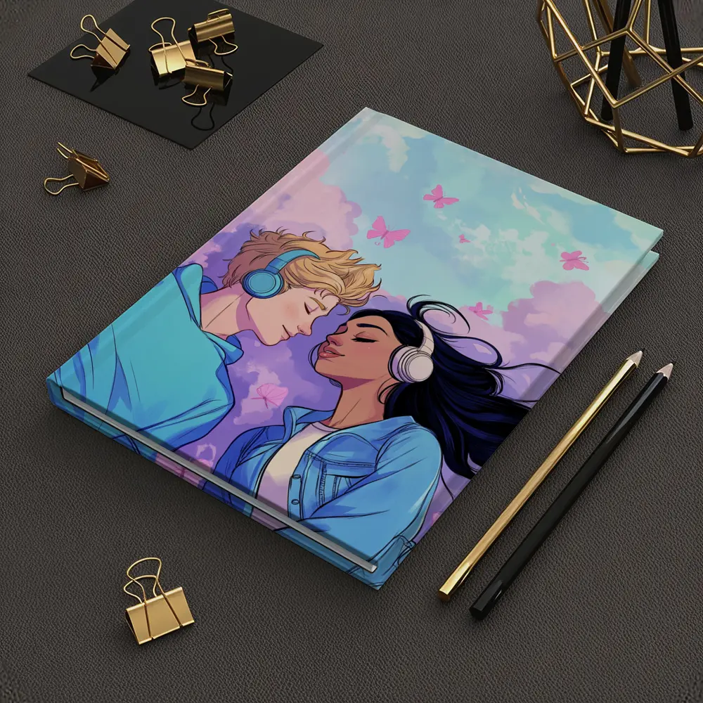 Anime Couple Headphones Pastel Sky Butterflies – Notebooks