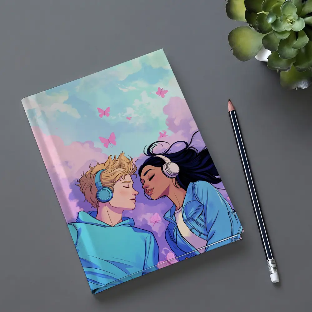 Anime Couple Headphones Pastel Sky Butterflies – Notebooks