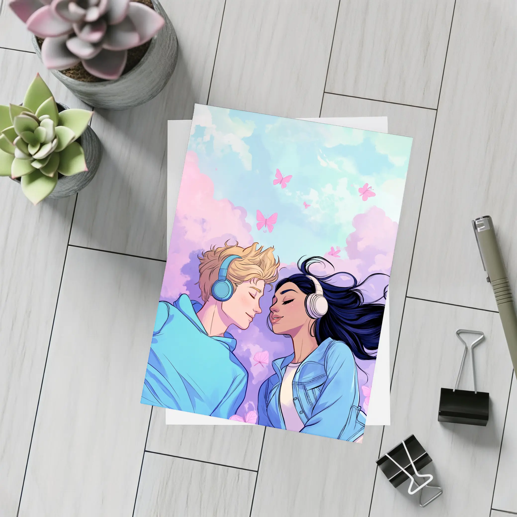 Anime Couple Headphones Pastel Sky Butterflies – Postcards
